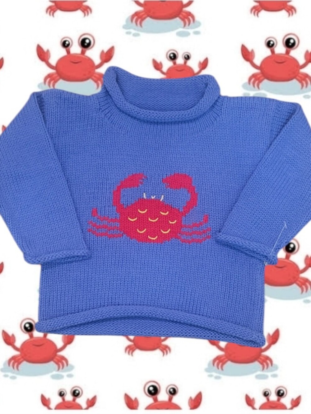 Claver Unisex Blue Knit Rollneck Sweater with Red Crab Motif